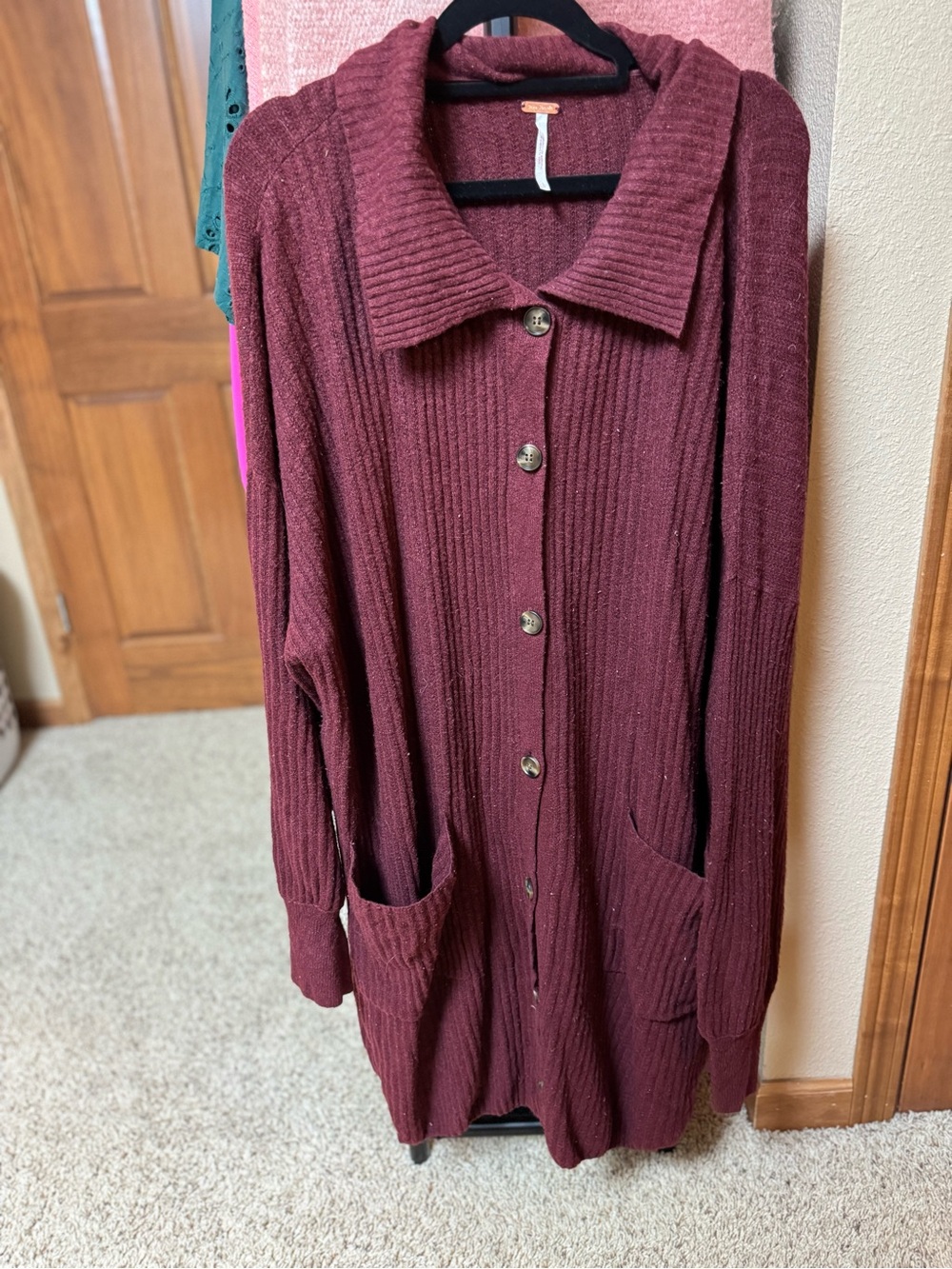 Free People Ribbed Button Front Cardigan in Wine